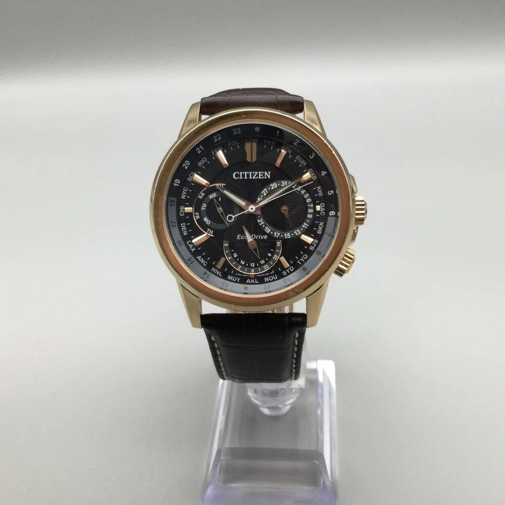 Citizen Eco-Drive Mens Watch 44mm Black Dial Gold Tone Brown Leather World Time